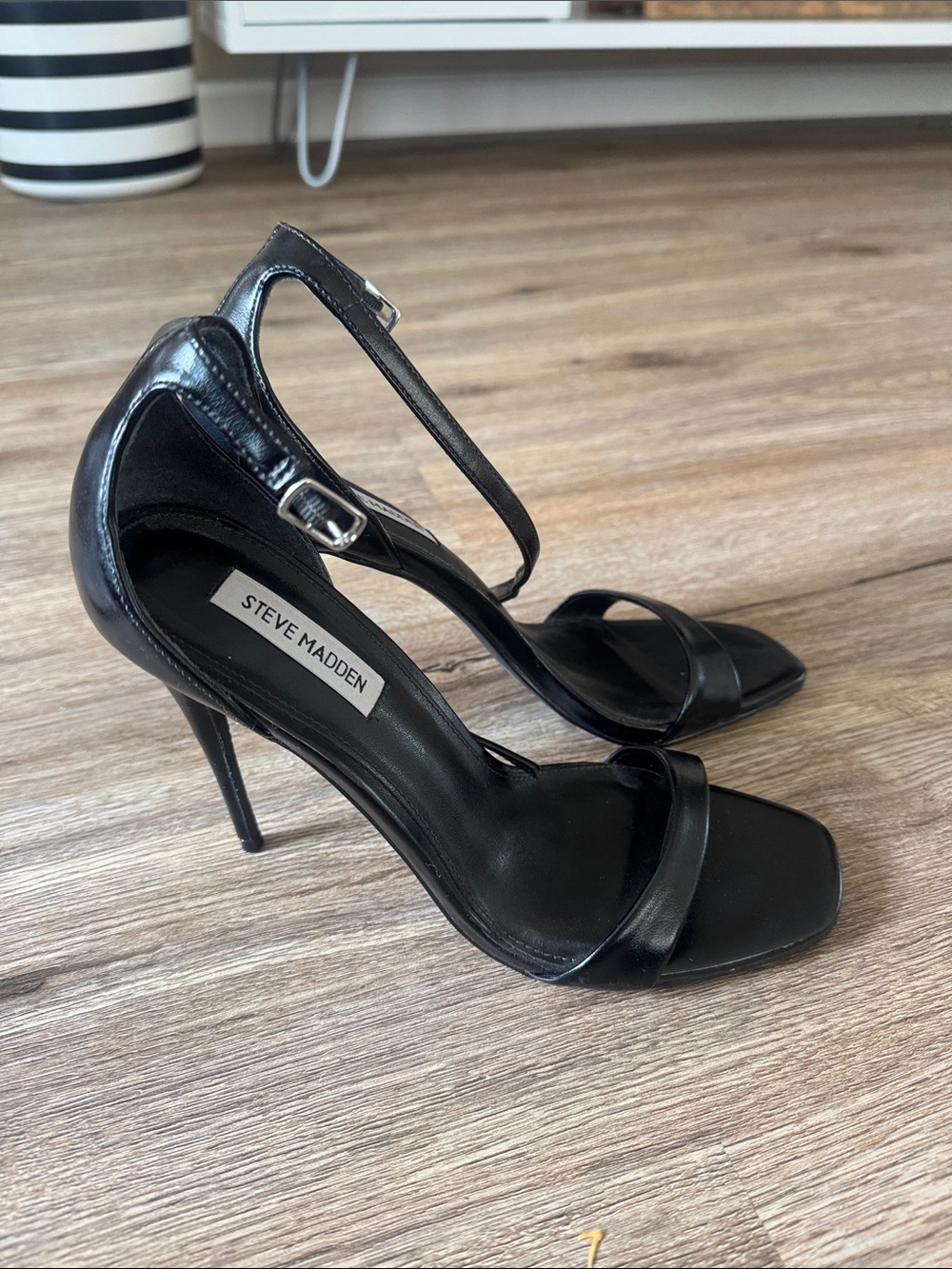 Steve Madden Black Leather Ankle-Strap Stiletto Heels